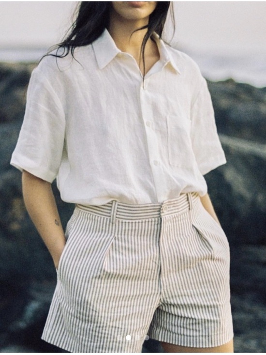 OZMA Pants - OZMA camp shorts in brown stripe linen medium